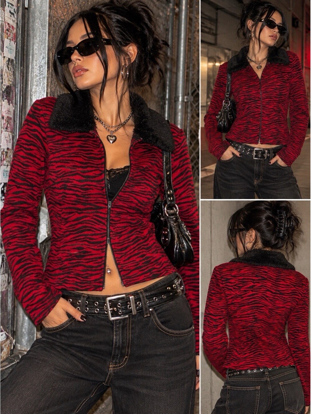 Kathy Lee XL Vintage Zebra Print Jacket Faux Fur Collar Y2K Grunge